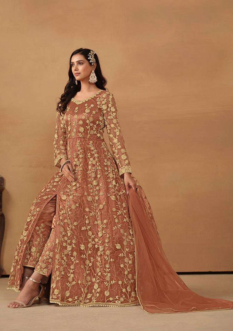 Rust Brown Embroidered Poly Blend Kurta Set