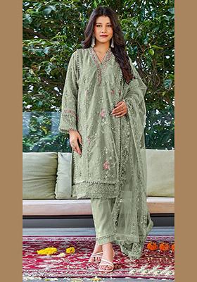 Light Green Embroidered Faux Georgette Kurta Set