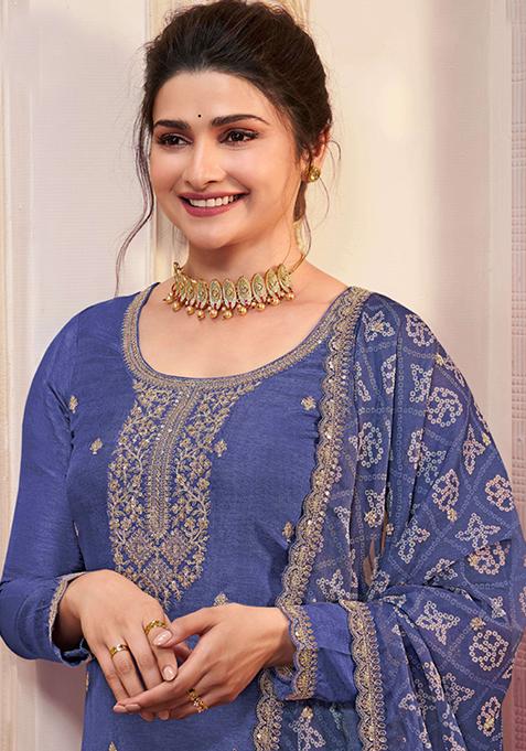 Women Blue Faux Georgette  Embroidery Work Kurta Set With Dupatta