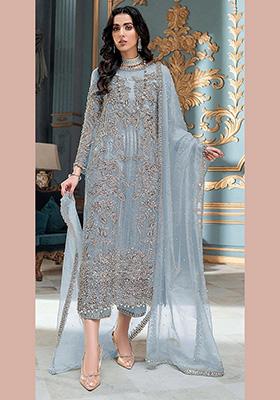 Sky Blue Embroidered Organza Kurta Set