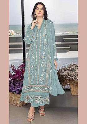 Sky Blue Embroidered Faux Georgette Kurta Set
