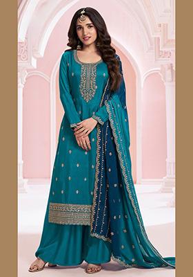 Teal Blue Embroidered Silk Kurta Set
