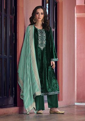 Green Zari Sequin Embroidered Velvet Kurta Set