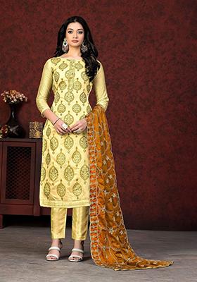 Mustard Yellow Ethnic Motifs Printed Poly Blend Kurta Set