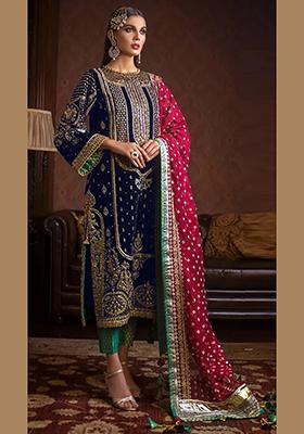 Navy Blue Embroidered Velvet Kurta Set