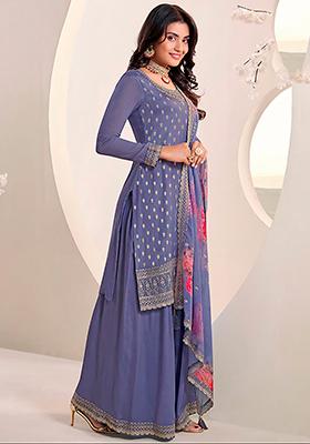 Blue Zari Embroidered Art Silk Kurta Set
