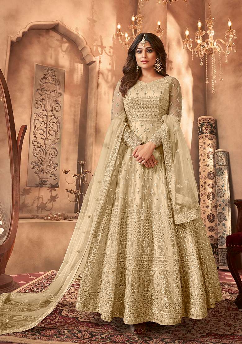 Beige Sequin Thread Embroidered Net Anarkali Set - Indya