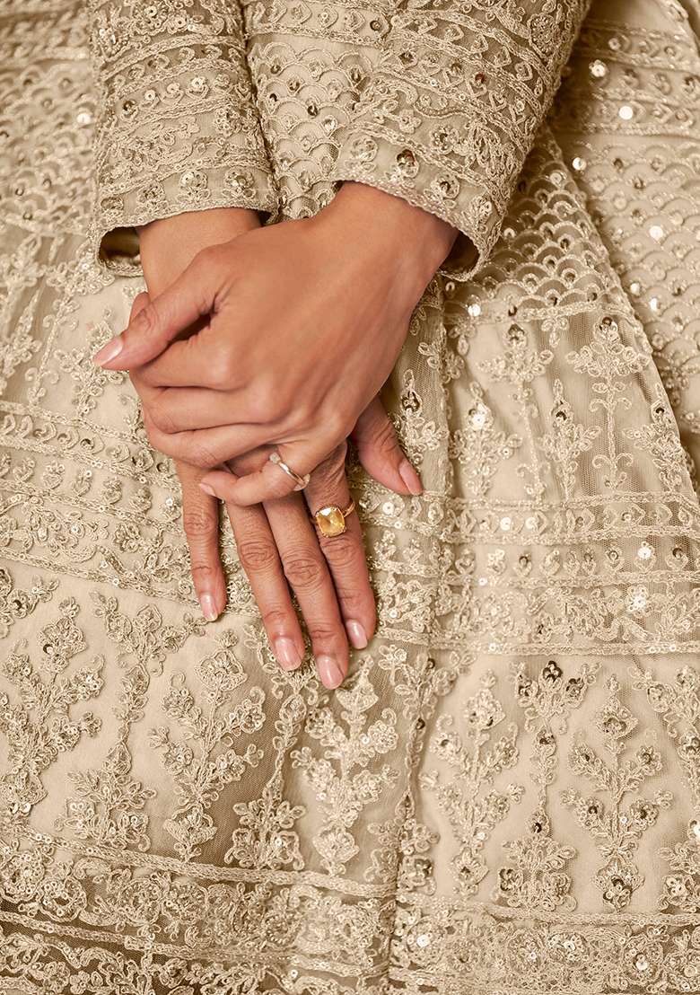 Beige Sequin Thread Embroidered Net Anarkali Set - Indya