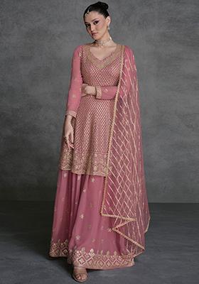 Light Pink Zari Embroidered Georgette Kurta Set