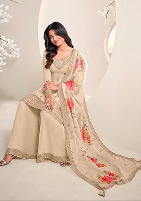 Off White Zari Embroidered Art Silk Kurta Set