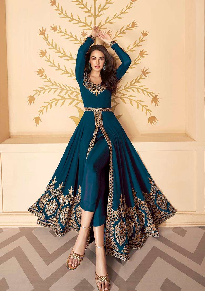 Turquoise Zari Embroidered Georgette Anarkali Set - Indya