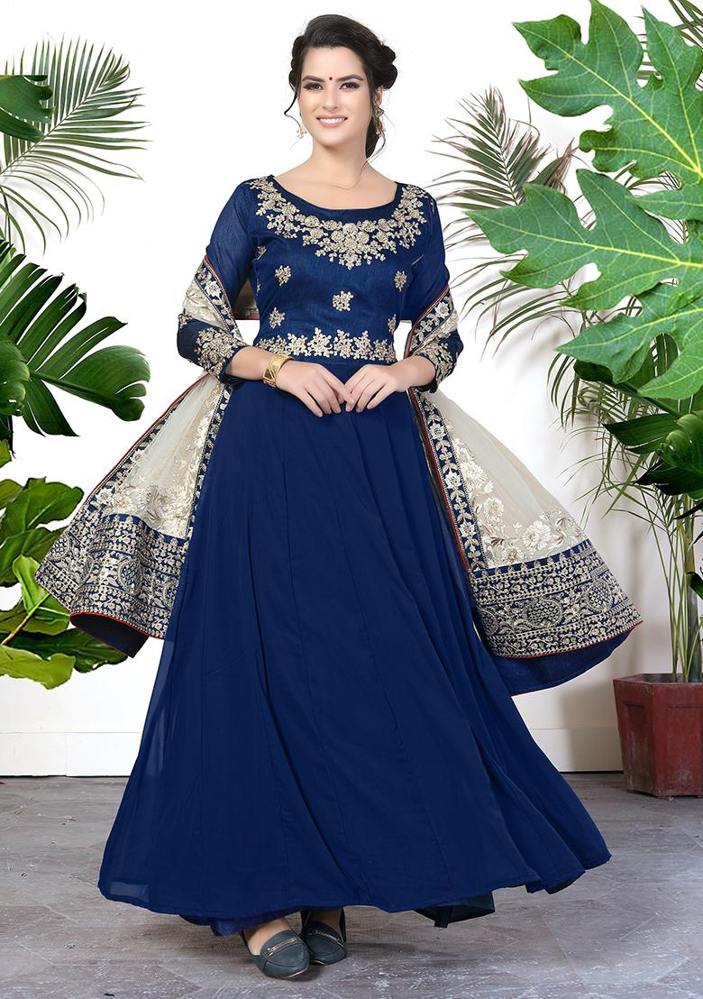 Blue Zari Embroidered Georgette Anarkali Set - Indya