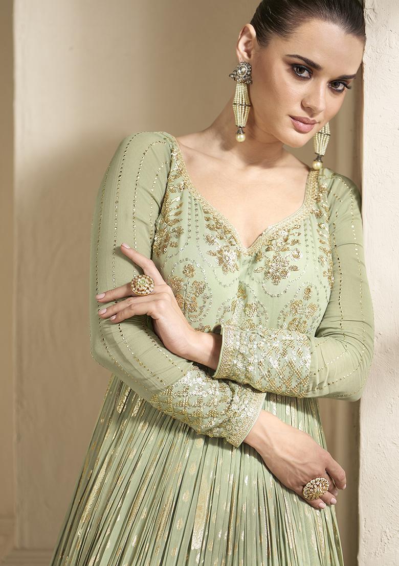 Mehendi Embroidered Viscose Anarkali Kurta Set