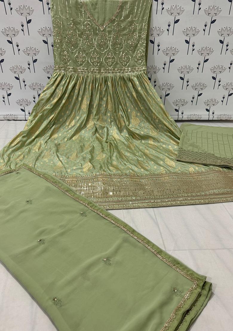 Mehendi Embroidered Viscose Anarkali Kurta Set