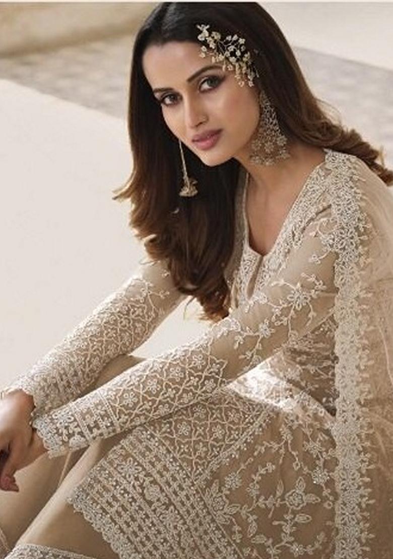 Chiku Brown Stone Work Embroidered Net Kurta Set