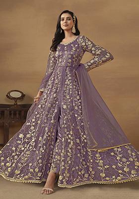 Purple Embroidered Pure Net Anarkali Kurta Set