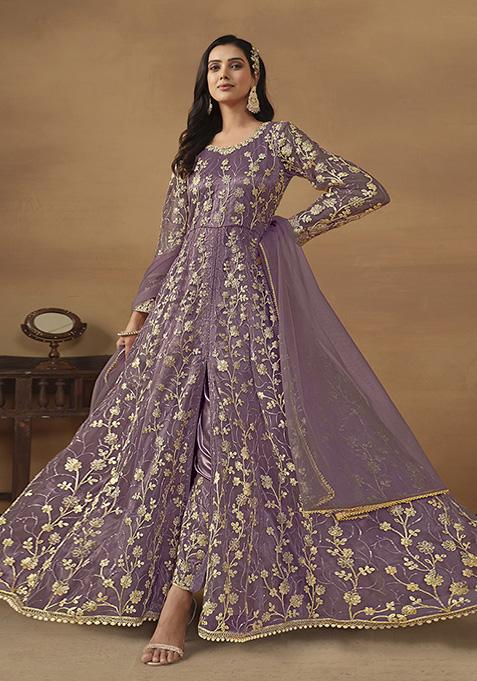 Purple Embroidered Net Anarkali Set
