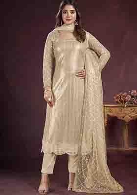 Beige Embroidered Net Kurta Set