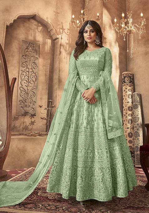 Green Sequin Thread Embroidered Net Anarkali Set