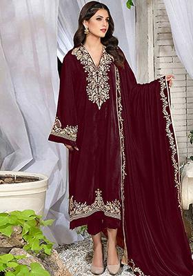 Maroon Embroidered Velvet Kurta Set
