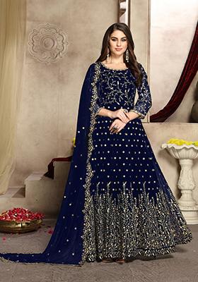 Navy Blue Embroidered Faux Georgette Anarkali Kurta Set