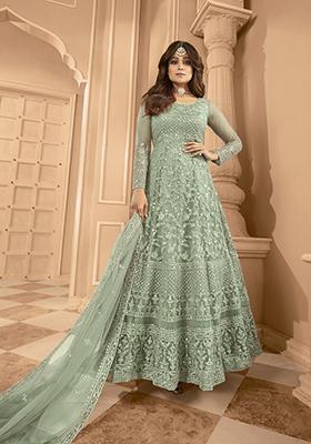 Green Sequin Thread Embroidered Net Anarkali Set