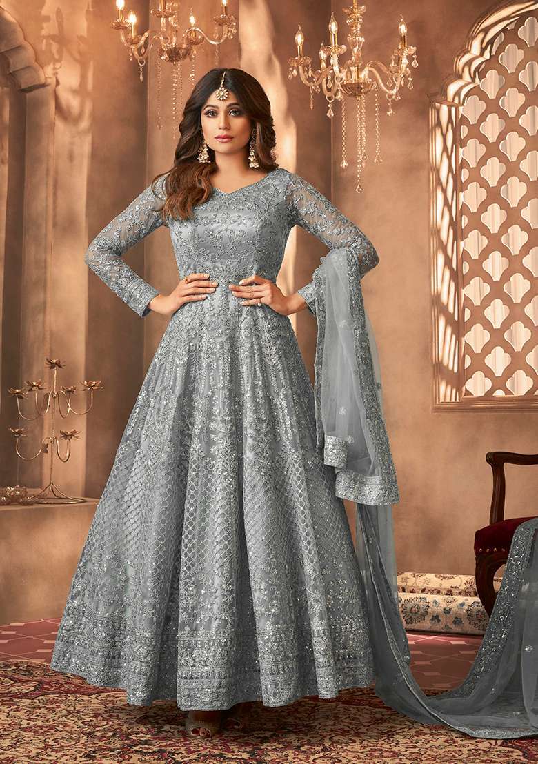 Grey Sequin Thread Embroidered Net Anarkali Set - Indya