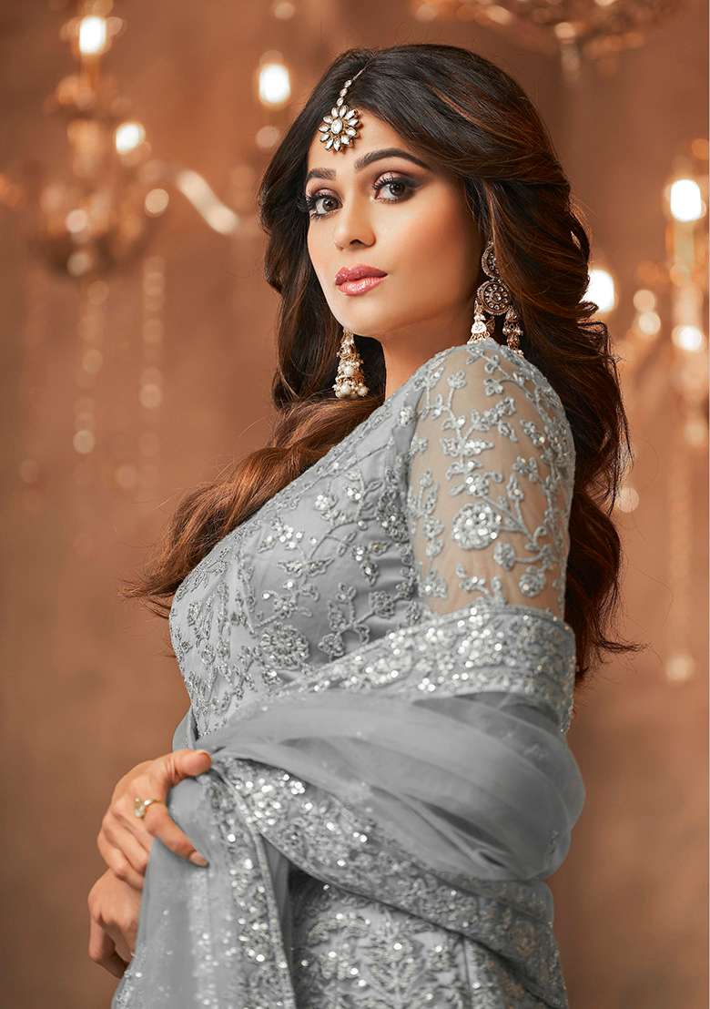 Grey Sequin Thread Embroidered Net Anarkali Set - Indya