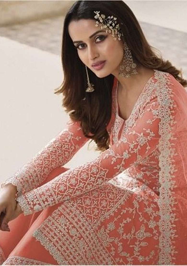 Orange Embroidered Net Pakistani Suit Set - Indya