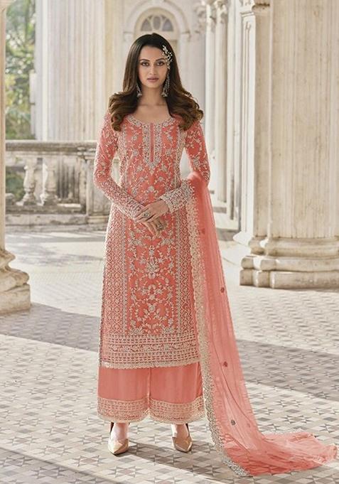 Orange Stone Work Embroidered Net Kurta Set