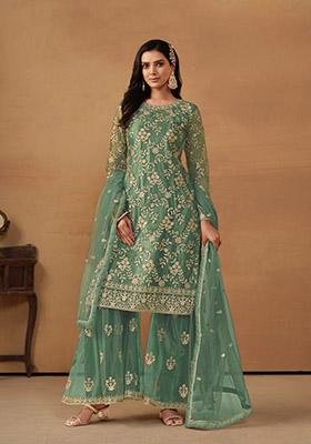 Green Embroidered Net Kurta Set