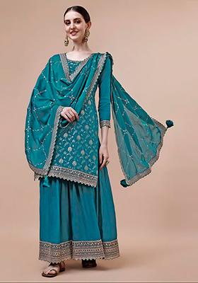 Blue Zari Embroidered Viscose Kurta Set