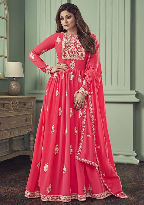 Pink Sequin Thread Embroidered Georgette Anarkali Set