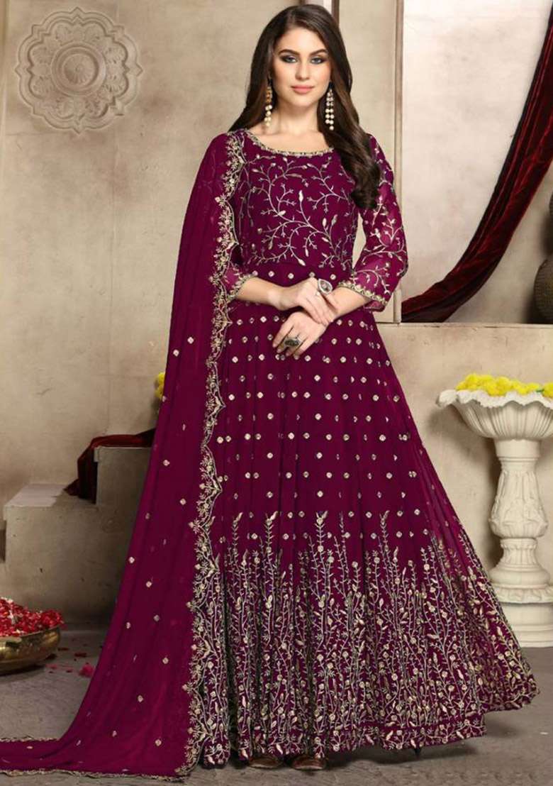 Rani Pink Embroidered Georgette Kurta Set - Indya