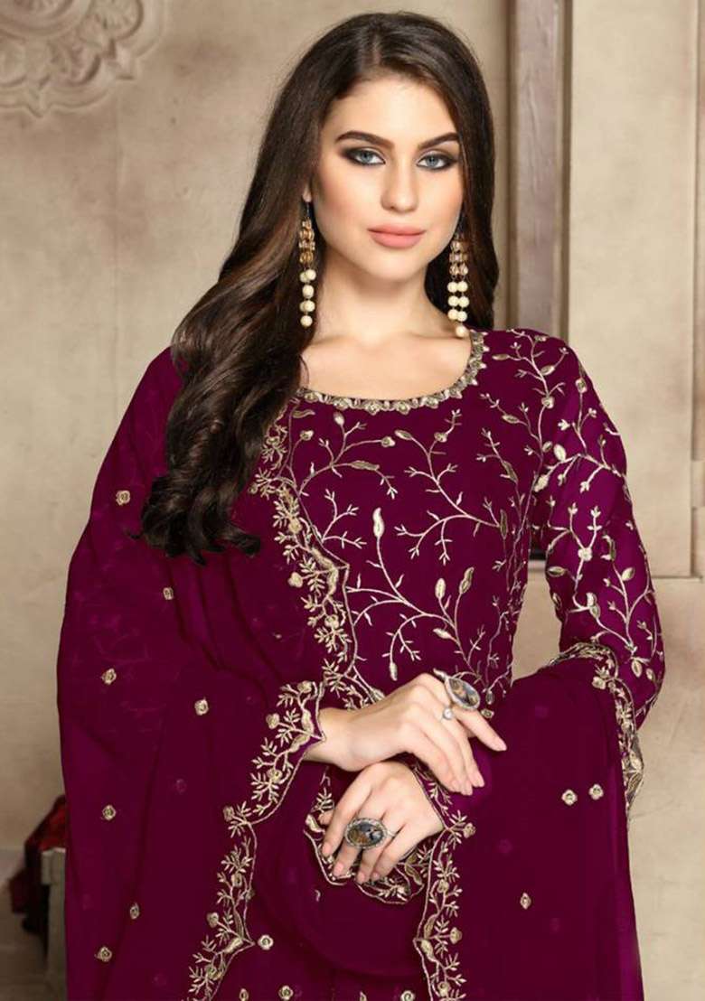 Rani Pink Embroidered Georgette Kurta Set - Indya