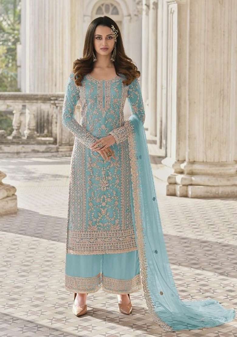 Sky Blue Embroidered Net Pakistani Suit Set - Indya