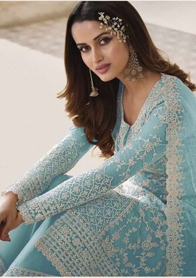 Sky Blue Embroidered Net Pakistani Suit Set - Indya