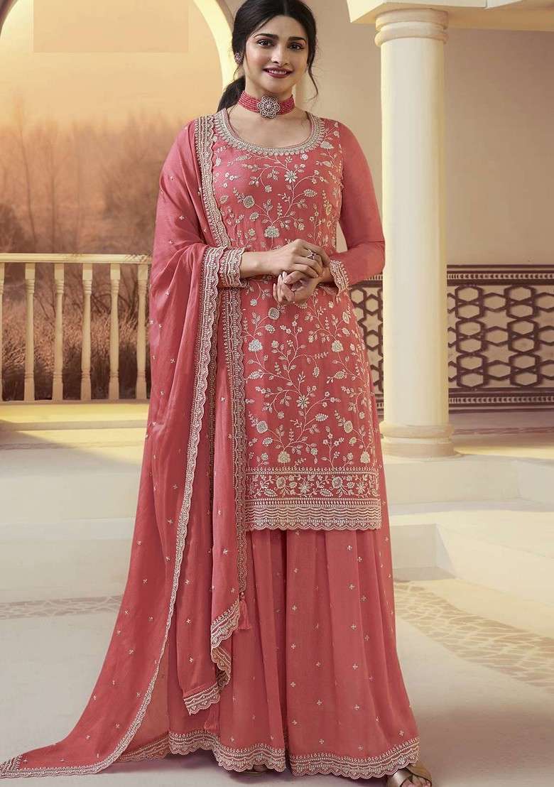 Peach Embroidered Silk Sharara Set - Indya