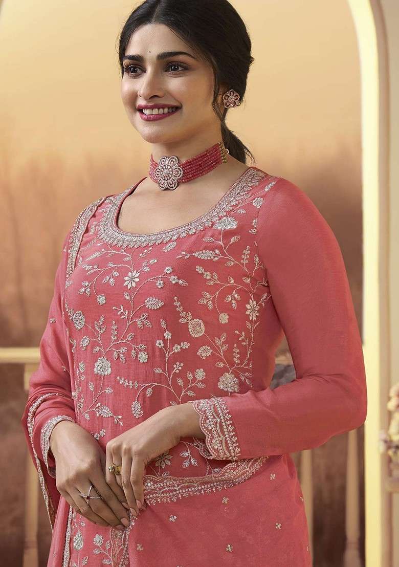Peach Embroidered Silk Sharara Set - Indya
