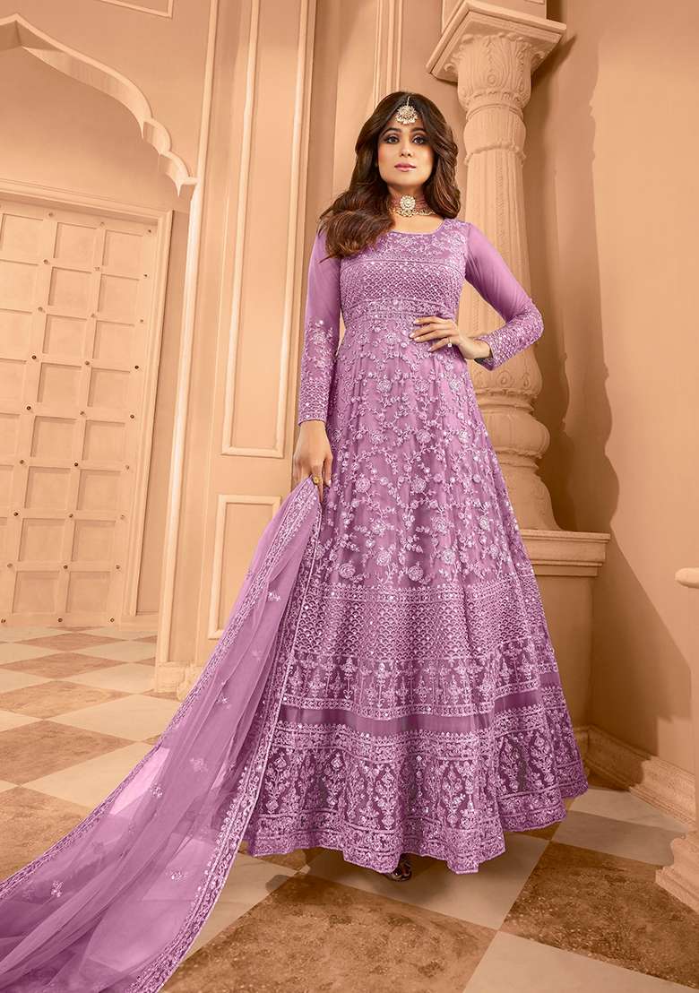 Purple Sequin Thread Embroidered Net Anarkali Set - Indya