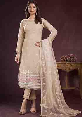 Beige Embroidered Net Kurta Set