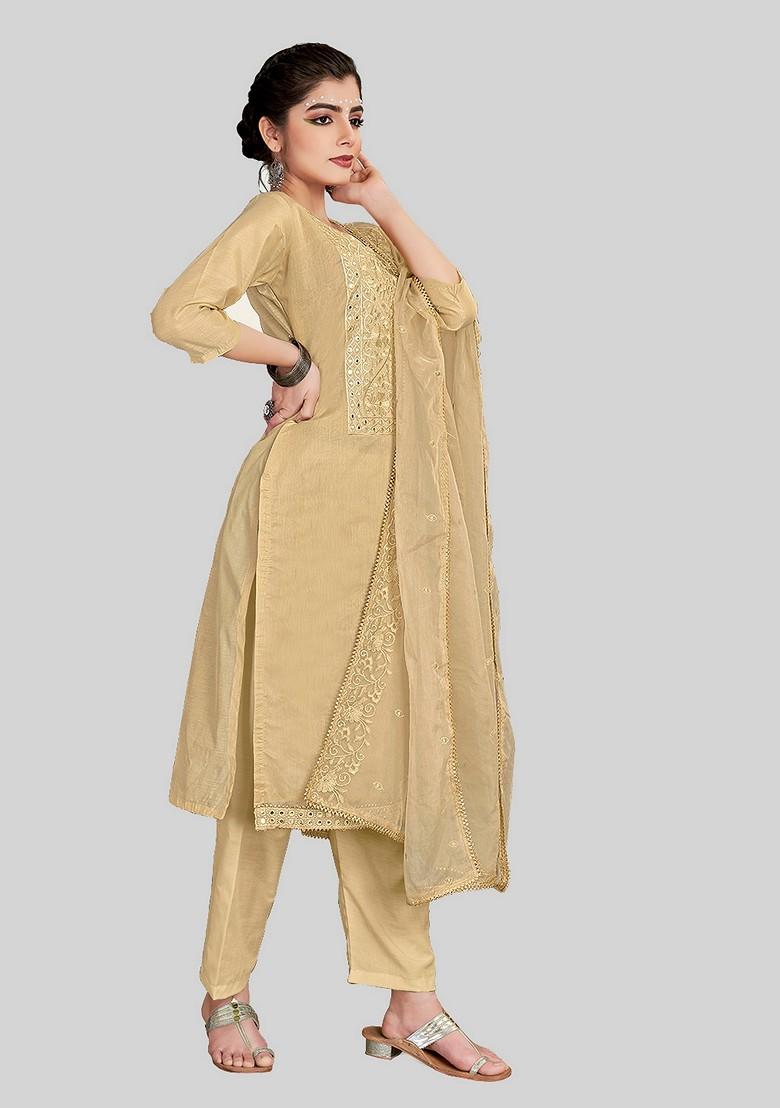 Beige Embroidered Chanderi Silk Kurta Set - Indya
