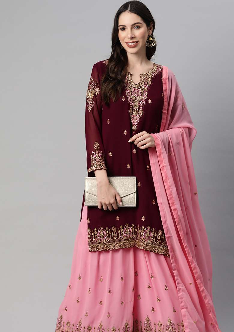 Purple Sequin Thread Embroidered Georgette Sharara Set - Indya