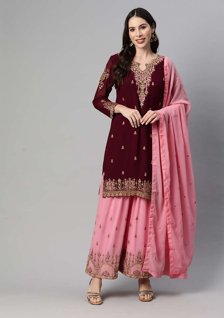 Purple Sequin Thread Embroidered Georgette Sharara Set - Indya