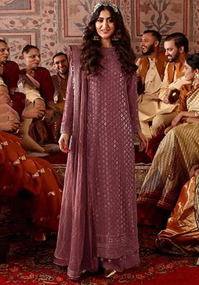 Dark Mauve Embroidered Faux Georgette Kurta Set