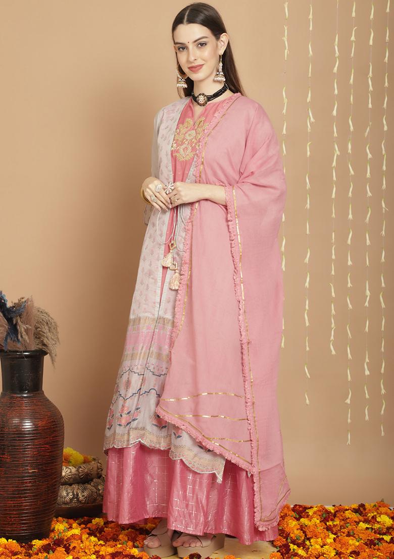 Grey Zari Embroidered Art Silk Kurta Set - Indya