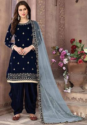 Navy Blue Embroidered Velvet Kurta Set