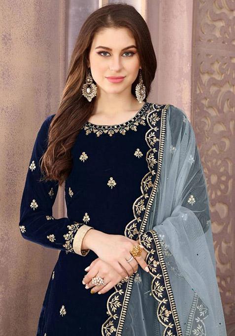 Navy blue Precious flowers kurta set main image 1