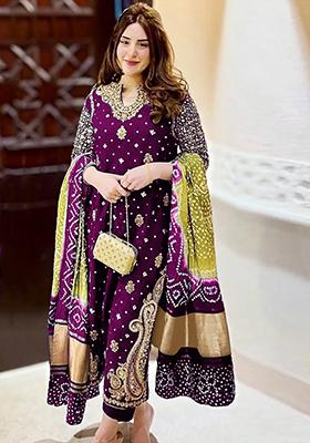 Dark Purple Embroidered Faux Georgette Kurta Set