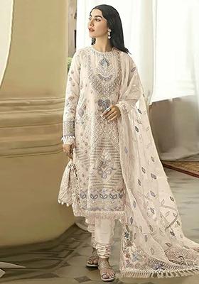 Off White Embroidered Faux Georgette Kurta Set
